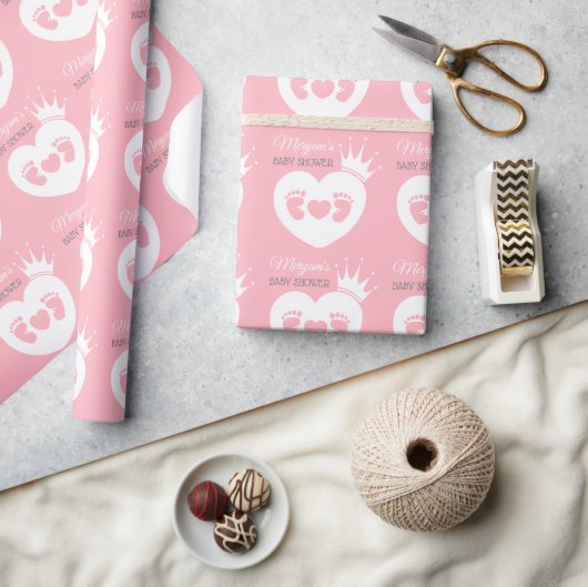 ベビー足ハートベビープリンセスシャワーピンクホワイト ラッピングペーパー (クラフト)