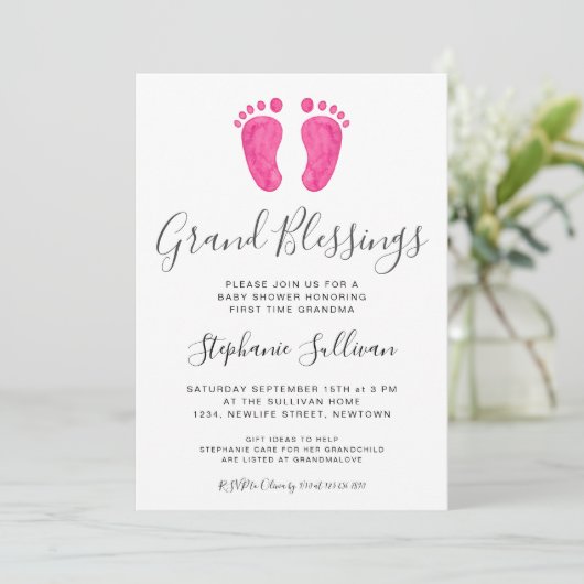 ベビー足ピンクおばあちゃん赤ちゃんシャワー 招待状 (スタンド正面)