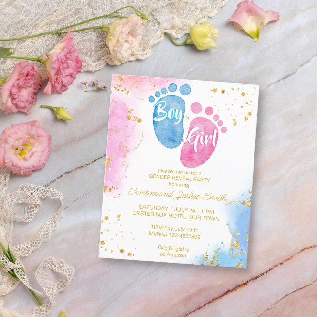 ベビー足ピンクブルージェンダーが予算招待状を明らかにする (Baby feet gender reveal budget invitation pink and blue boy or girl affordable gender reveal invite)