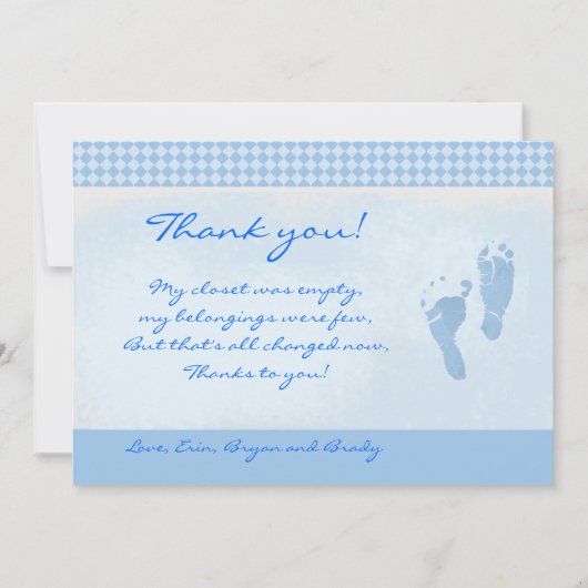 ベビー足ブルーベビーシャワーありがとうフラットカード サンキューカード (正面)