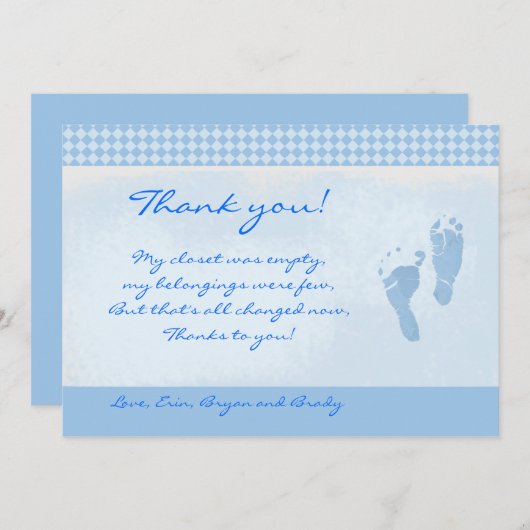 ベビー足ブルーベビーシャワーありがとうフラットカード サンキューカード (正面/裏面)
