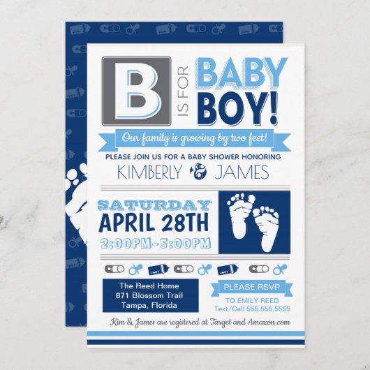 ベビー足ポスタースタイルボーイシャワー招待状3 招待状 (正面/裏面)