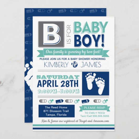 ベビー足ポスタースタイルボーイシャワー招待状 招待状 (正面/裏面)