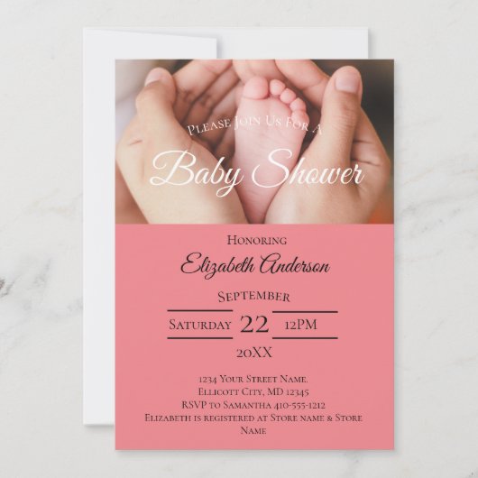 ベビー足写真白黒ピンクガールベビーシャワー 招待状 (正面)