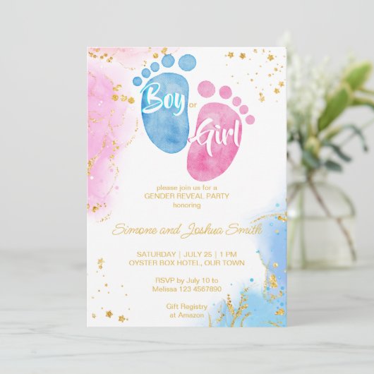 ベビー足少年または女の子ピンクブルー性別の表示 招待状 (スタンド正面)