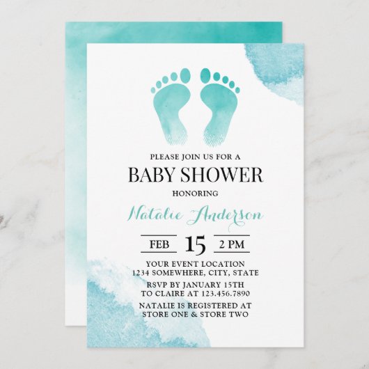 ベビー足水彩ターコイズベビーシャワー 招待状 (正面/裏面)