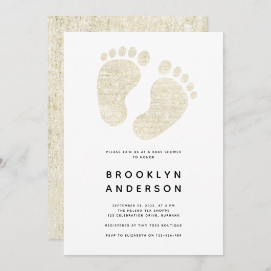 ベビー足金ゴールドグリッター男女兼用ベビーシャワー 招待状 (正面/裏面)