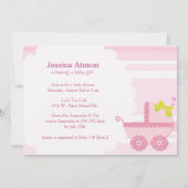 ベビー車女の子だ!ピンク色の赤ちゃんシャワー 招待状 (裏面)