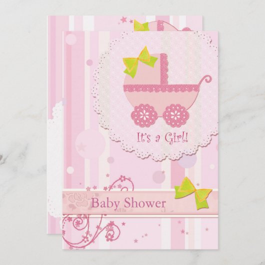 ベビー車女の子だ!ピンク色の赤ちゃんシャワー 招待状 (正面/裏面)