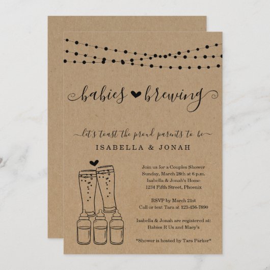 ベビー醸造カップルの三つ子の赤ちゃんシャワー 招待状 (正面/裏面)