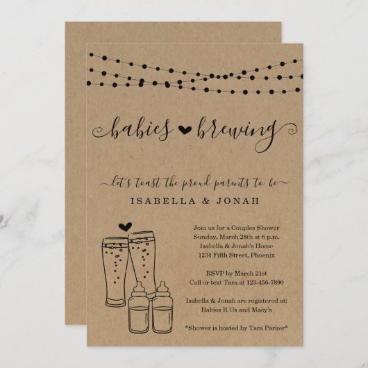 ベビー醸造カップルの双子ベビーシャワー 招待状 (正面/裏面)