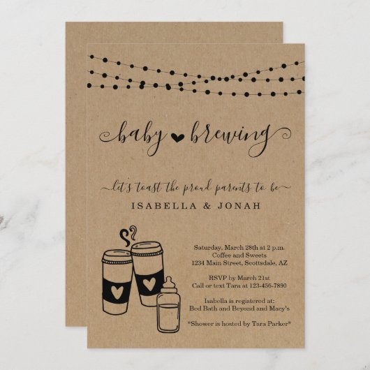 ベビー醸造カップルの男女兼用赤ちゃんシャワー 招待状 (正面/裏面)