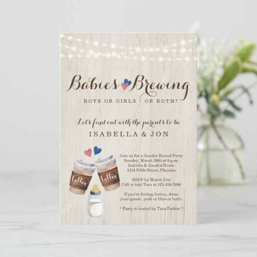 ベビー醸造用コーヒーツインズの性別が明らかにパーティー 招待状 (スタンド正面)