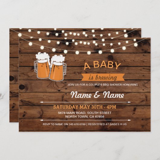ベビー醸造用シャワービールが木材を照らす招待状 招待状 (正面/裏面)