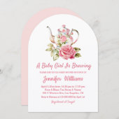 ベビー醸造茶パーティー女の子の赤ちゃんシャワーピンク 招待状 (正面/裏面)