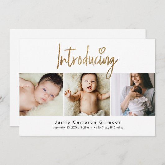 ベビー金ゴールドスクリプトのカスタム写真の紹介 案内状 (正面/裏面)