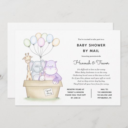 ベビー長距離ジャングル動物シャワーバイメール 招待状 (正面/裏面)