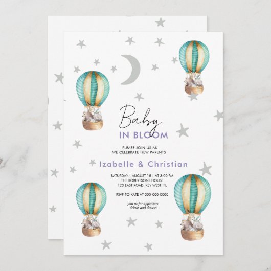 ベビー開花かわいい素朴動物招待状 招待状 (正面/裏面)