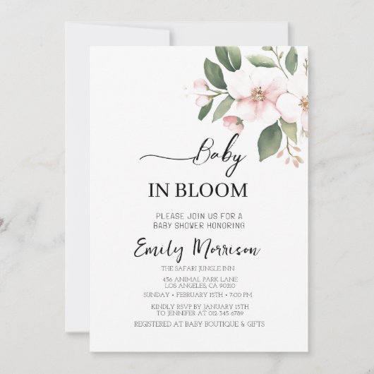 ベビー開花さくらんぼ花赤ちゃんシャワー 招待状 (正面)