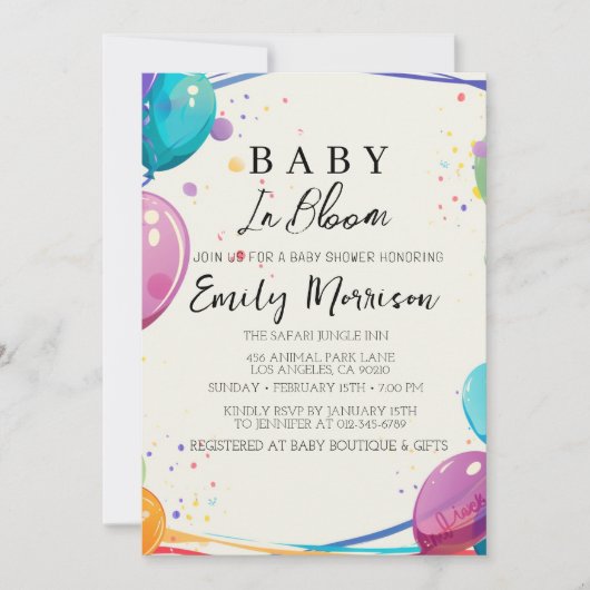 ベビー開花とバルーン赤ちゃんシャワー 招待状 (正面)