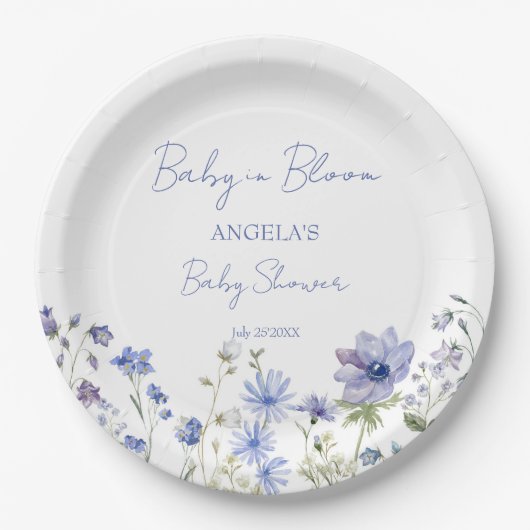 ベビー開花のワイルドフラワーほこりっぽい青い赤ちゃんシャワー ペーパープレート (正面)