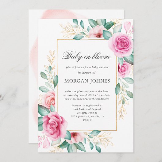 ベビー開花の繊細なピンクのフローラ赤ちゃんシャワー 招待状 (正面/裏面)
