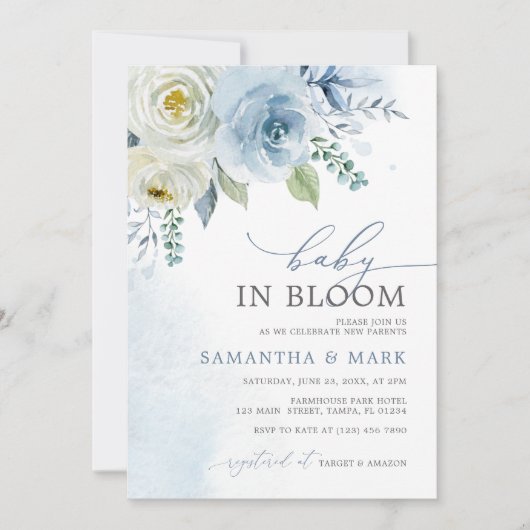 ベビー開花ほこりっぽいブルーバラフローラベビーシャワー 招待状 (正面)