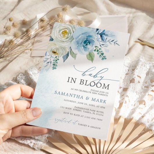 ベビー開花ほこりっぽいブルーバラフローラベビーシャワー 招待状