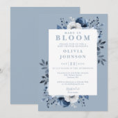 ベビー開花ほこりっぽい青いモダンフローラ赤ちゃん 招待状 (正面/裏面)