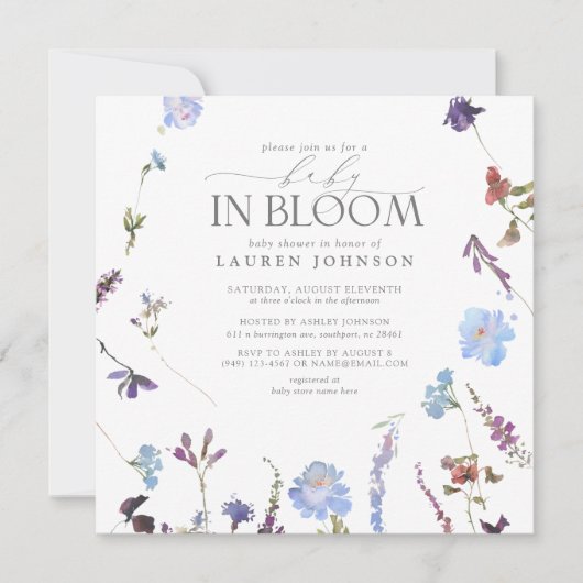 ベビー開花ほこりっぽい青い水の色フローラシャワー 招待状 (正面)