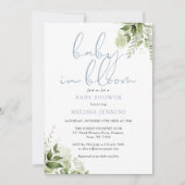 ベビー開花ほこりっぽい青い緑の赤ちゃんシャワー 招待状 (正面)