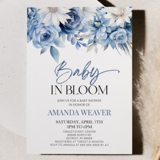 ベビー開花ほこりっぽい青フローラ花赤ちゃんシャワー 招待状