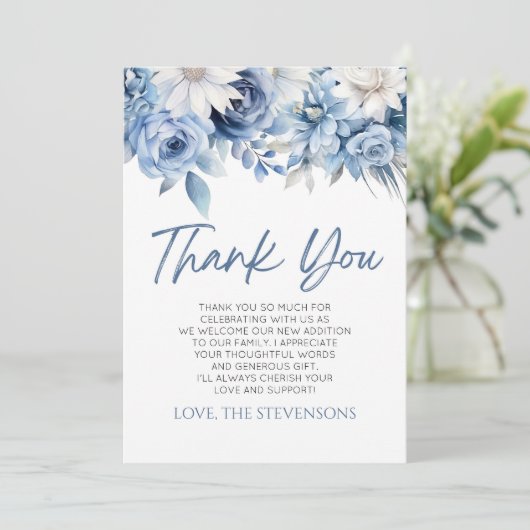 ベビー開花ほこりっぽい青フローラ赤ちゃんシャワー サンキューカード (スタンド正面)
