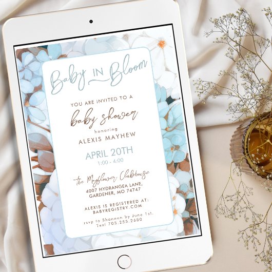 ベビー開花ほこりっぽい青フローラ赤ちゃんシャワー 招待状