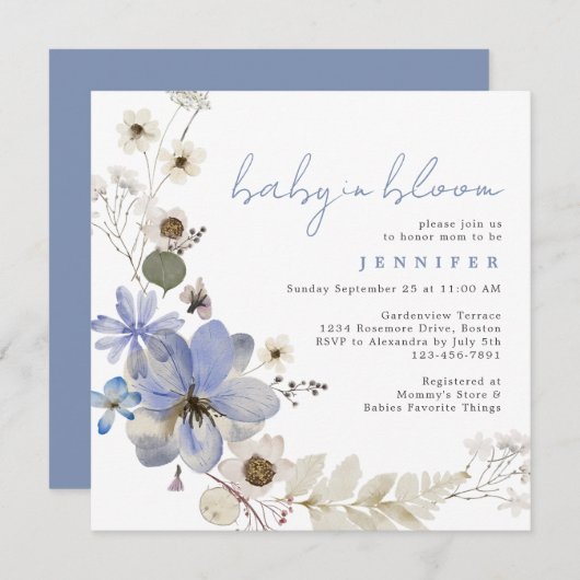 ベビー開花ほこりっぽい青フローラ赤ちゃんシャワー 招待状 (正面/裏面)