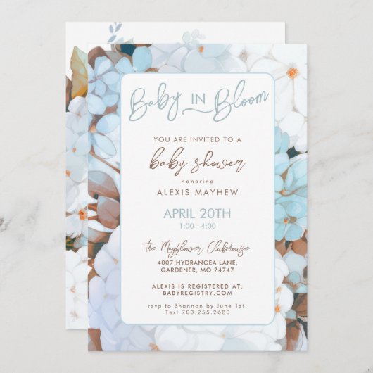 ベビー開花ほこりっぽい青フローラ赤ちゃんシャワー 招待状 (正面/裏面)