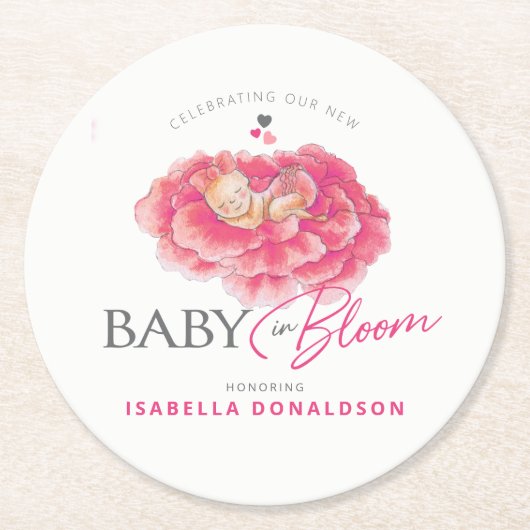 ベビー開花ウィムシー水の色ピンクの赤ちゃんシャワー ラウンドペーパーコースター (正面)