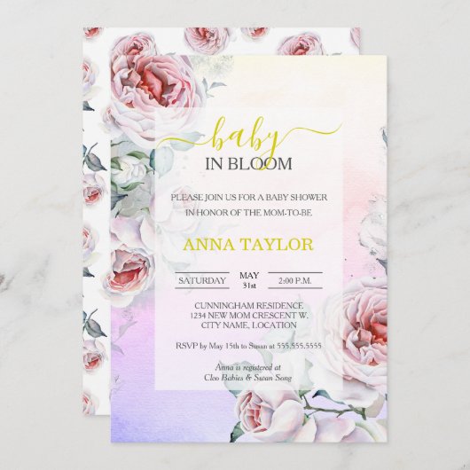 ベビー開花エレガントフローラピンクベビーシャワー 招待状 (正面/裏面)