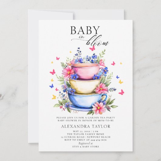 ベビー開花ティーパーティーワイルドフラワーベビーガールシャワー 招待状 (正面)
