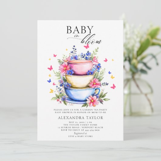 ベビー開花ティーパーティーワイルドフラワーベビーガールシャワー 招待状 (スタンド正面)