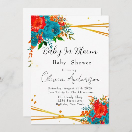 ベビー開花ティール(緑がかった色)オレンジベイビーシャワー 招待状 (正面/裏面)