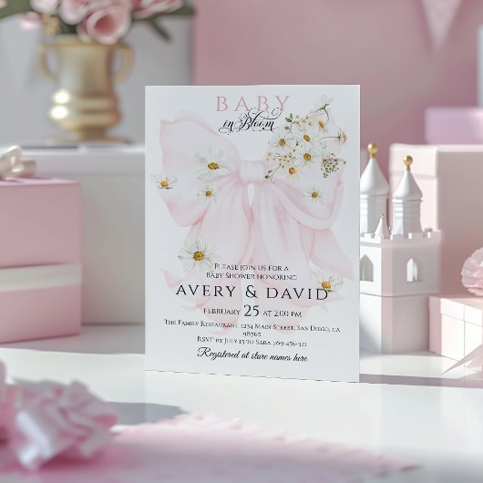 ベビー開花デイジーピンクボウガールベイビーシャワー 招待状