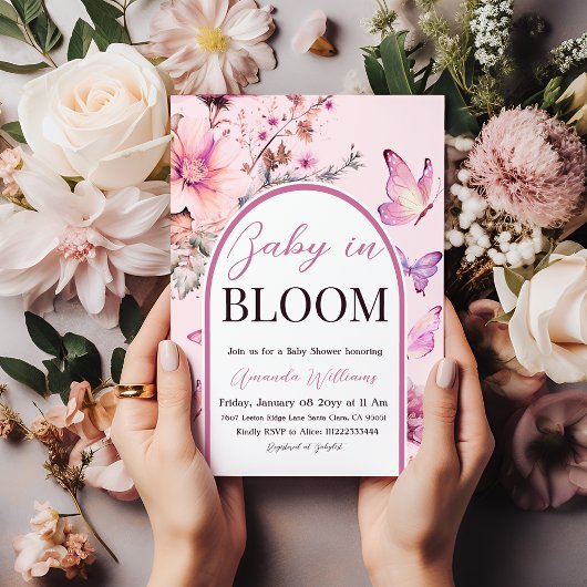ベビー開花バタフライパープルガールベビーシャワー 招待状