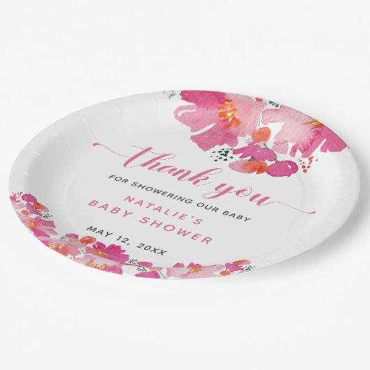 ベビー開花ピンクフローラベビーシャワー水色N ペーパープレート (アングル)