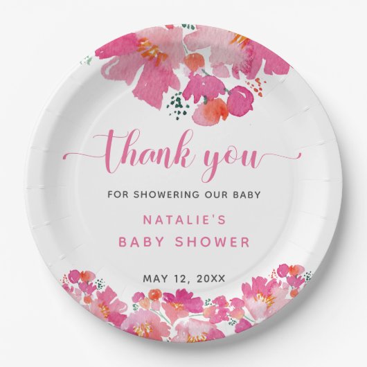 ベビー開花ピンクフローラベビーシャワー水色N ペーパープレート (正面)