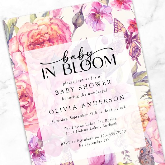ベビー開花ピンクフローラベビーシャワー 招待状