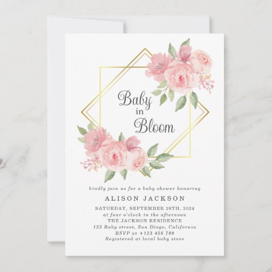 ベビー開花ピンクフローラ金ゴールドフレーム赤ちゃんシャワー 招待状 (正面)