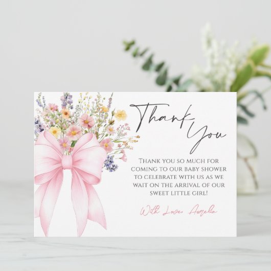 ベビー開花ピンクボウベビーシャワーサンキューカード サンキューカード (スタンド正面)