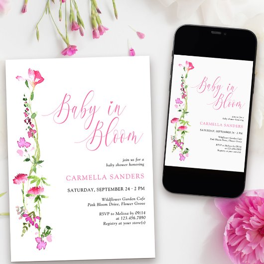 ベビー開花ピンクワイルドフラワーベビーシャワー 招待状