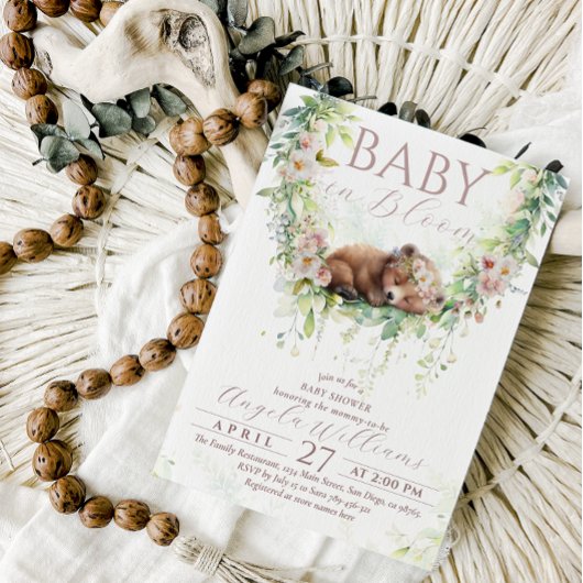 ベビー開花フローラウッドランドベアーベビーガールシャワー 招待状